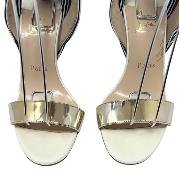 Christian Louboutin Du Desert 100mm Ankle Wrap Sandals Gold Striped Size 37.5 - Picture 3 of 9